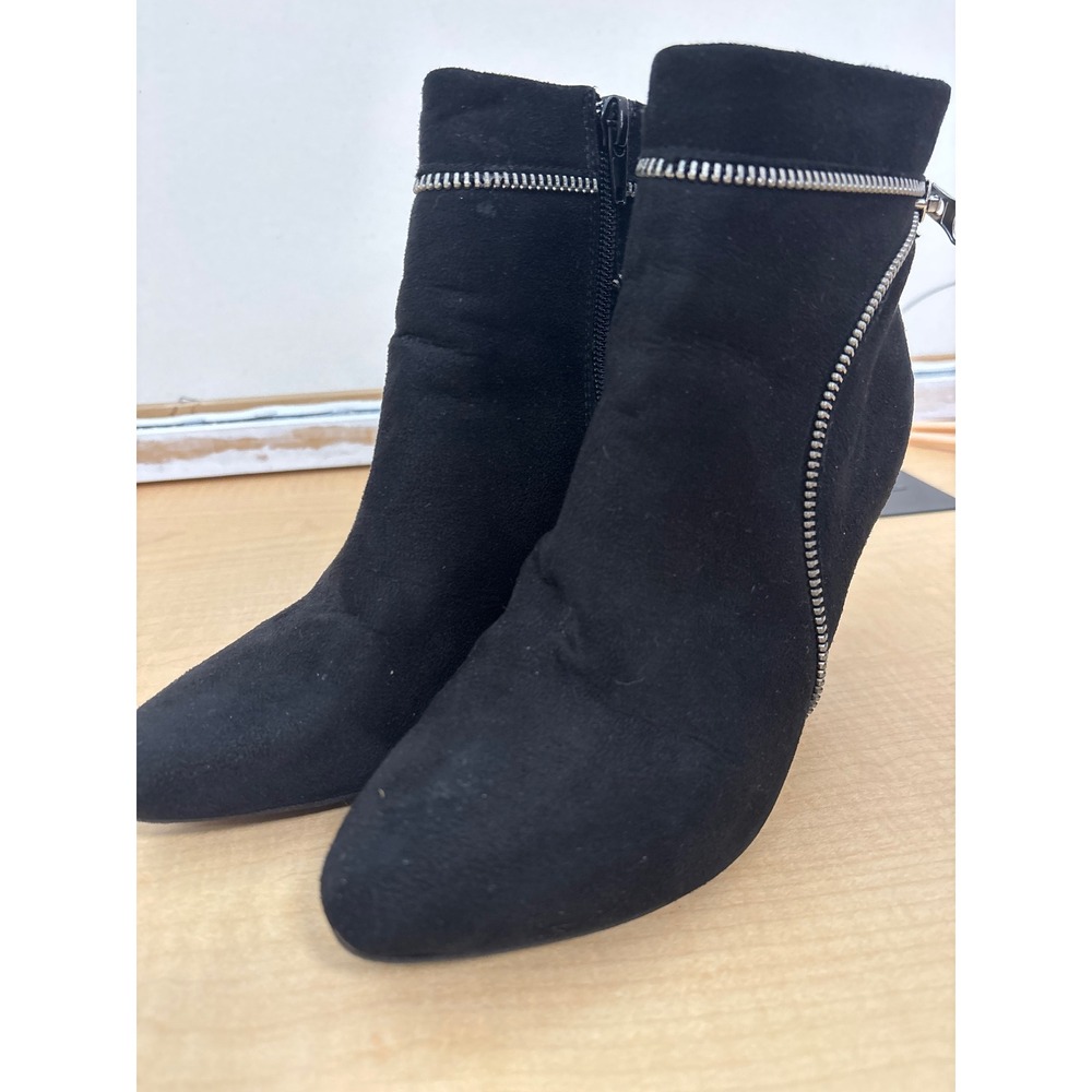 SHU SHOP Black Faux Suede Lace Up Open Toe Block Heel Lug Sole Booties